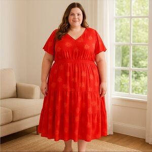 C By One Woman Plus Size 3X Orange Red Tier Elastic Stretchy Flower Dress